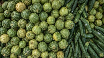 Assortment of bitter melon, Momordica charantia, goya, and cucumber in the marketplace.