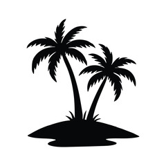 Silhouette of two palm trees on a small island isolated on white background