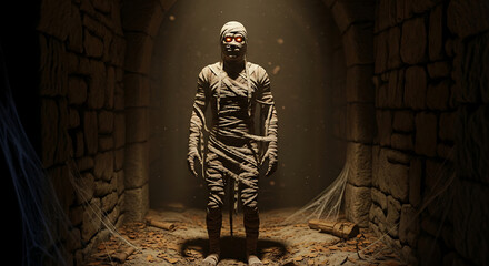 A standing mummy with glowing red eyes in a dark stone tomb with cobwebs and debris on the floor