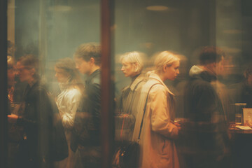 Queue of people at a coffee shop with a modern interior