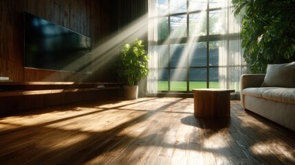 This inviting living room boasts generous sunlight streaming through large windows, enhancing the warmth of wooden elements and lush greenery in a comfortable, cozy setting.
