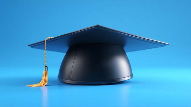 On a blue background, the education and graduation concept is shown through a realistic 3D rendering of a graduation cap, providing space for text about take course, educate, or study.

