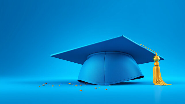 Realistic 3D shapes depict a graduation cap on a blue background, representing the education and graduation concept and offering an area for entering text about take course, educate, or study.







