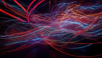 Dynamic Abstract Swirls of Neon Light Trails in Deep Space