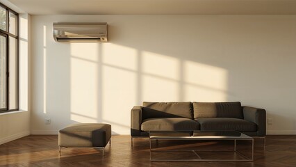 Sleek and illuminated living room setup including air conditioning. 3D render