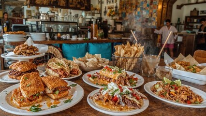 Fototapeta premium Delicious Mexican Street Food: Tortas, Tacos, Empanadas, and Tamales Served Fresh