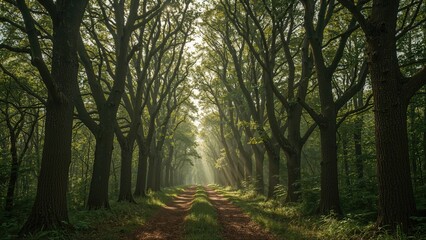 Fototapeta premium Walkway amidst a lush leafy forest. Organic tunnel formed by trees. Imposing silhouettes of towering trunks. Haze, sunlight streaming through, mellow daylight. Surreal dreamy summertime vista.