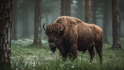 A group of European bison in their natural woodland environment
