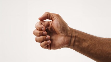 Male hand holding against white backdrop isolated