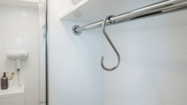 Sleek hook attached to metal railing in a walk-in closet, modern interior concept