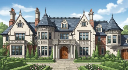 Fototapeta premium Sunlit Chateau Illustration: A Grand Manor with Ornate Turrets and Formal Gardens