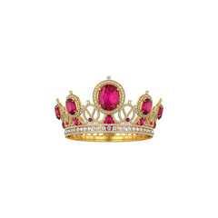 Exquisite golden tiara adorned with large oval and smaller round ruby gemstones and sparkling diamonds on a black background