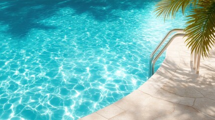 A vibrant image of a crystal-clear pool showcasing the inviting blue water illuminated by sunlight and accented by the playful shadows of palm trees overhead.