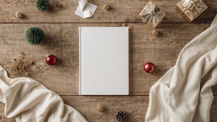 Flat lay image showing a blank book cover, wrapped gift, holiday decorations, and a tree model on a wooden background. Top view with copy space