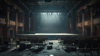 Eerie Abandoned Theater Stage with Dusty Seats and Dramatic Spotlight