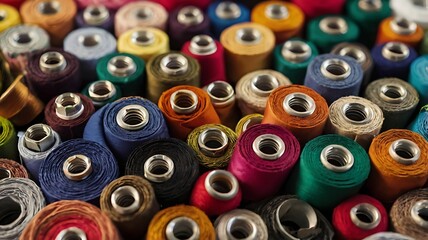 Fototapeta premium A close up view of many colorful spools of thread arranged in a dense and textured composition