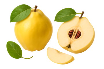 Set of quinces, quince pieces and leaves on white background with clipping paths.