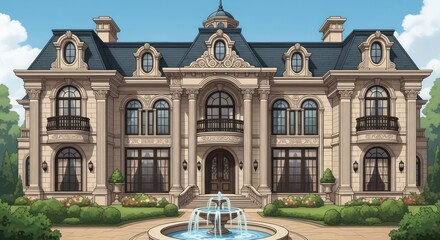 Naklejka premium Sunlit Classical Chateau with Symmetrical Fa?ade and Fountain in Anime Style