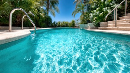 A crystal-clear swimming pool nestled amidst vibrant tropical plants, creating an inviting oasis for relaxation and leisure in a serene private setting under a sunny sky.