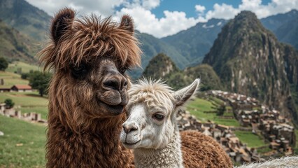 Obraz premium Discover the softest pair around! A loving mother llama and her cute baby, sharing happiness with every cozy cuddle.