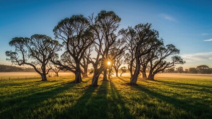 Fototapeta premium Dawn landscape showing vintage pine trees in an open field