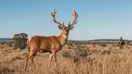 Obraz premium Red stag during mating season in dry open grasslands