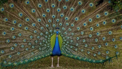 Obraz premium Male peacock showcasing brilliant tail feathers in a scenic park
