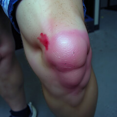Fototapeta premium Bruised knee with scrape and swelling after physical activity 
