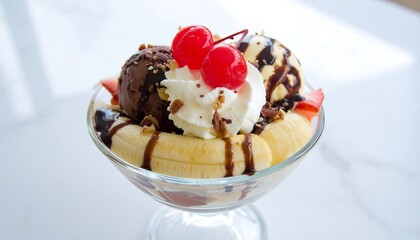 Decadent Banana Split Sundae with Chocolate Ice Cream, Whipped Cream, Nuts, and Cherries