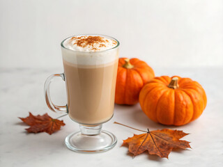 Pumpkin spice latte in a glass with whipped cream and cinnamon next to pumpkins and fall leaves