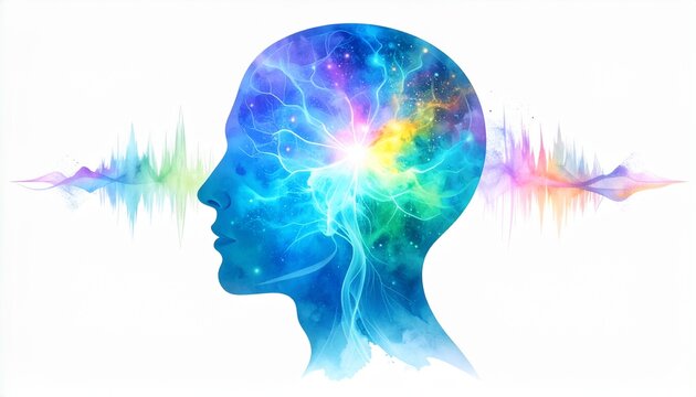 Serene Mind: Watercolor Head, Soundwave, Cosmic Energy
