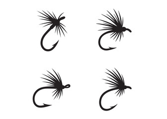 Fototapeta premium Black silhouette of a fly fishing logo vector, fly fishing lure logo icon silhouette, fly fishing hook silhouette, fly fishing flies silhouette vector design on white background
