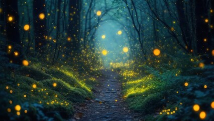 Enchanted Forest Path Illuminated by a Swarm of Golden Fireflies