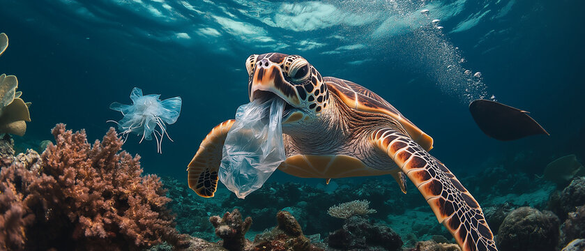 AI generator image of Plastic pollution in ocean turtle eat plastic bag, The problem of plastic pollution in the oceans is illustrated by the fact that turtles eat plastic bags, mistaking them for jel