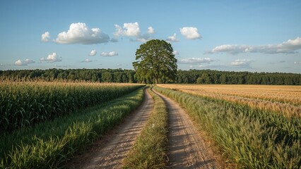 Obraz premium Narrow dirt route meandering between corn and wheat crops, highlighted by a solitary tree and adjacent forest