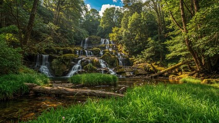 Water cascading through a lush woodland setting with vibrant greenery and flowing streams