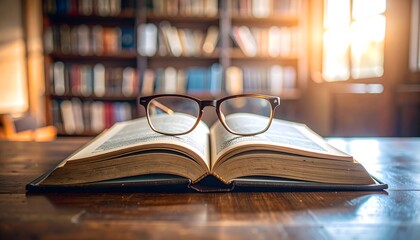 Discover knowledge with vintage glasses resting on an open antique book in a sunlit library