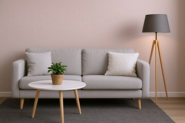 Modern Living Room Scene Featuring a Gray Sofa, White Coffee Table with a Potted Plant, and a Wooden Tripod Floor Lamp