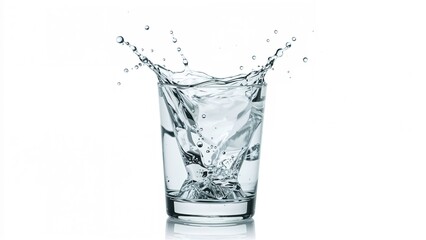 Clear water splashing in a cup set on a white surface