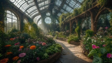Enchanting Victorian Conservatory Overflowing with Lush Flora and Sun-Dappled Pathways