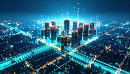 Fototapeta premium Futuristic Smart City: Networked Towers, Digital Glow