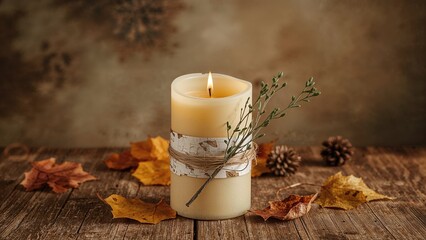 Birch bark and leaf adorned wax candle on a rustic wooden surface