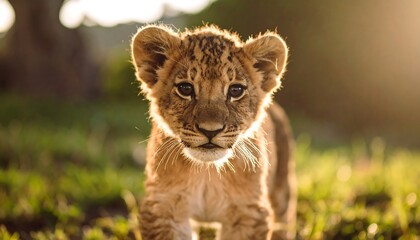 Fototapeta premium Close-up of a lion cub in a grassy field.