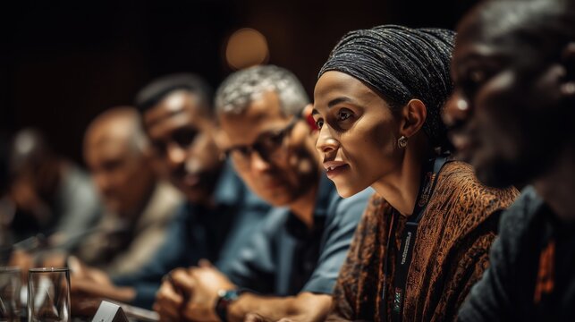 Engaging conversation among diverse leaders at an evening symposium in a vibrant urban setting