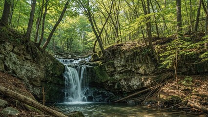 Fototapeta premium Summer waterfall nestled in vibrant forest landscape