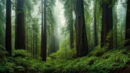 Obraz premium Ethereal Giants: A Misty Redwood Forest with a Lush Carpet of Ferns