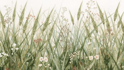 Artistic watercolor plants in a grassy landscape. Perfect for home decoration and large prints.