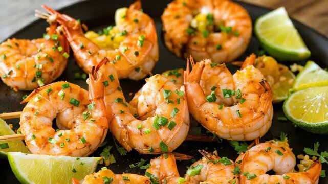 Grilled shrimp skewers with lime and herbs, delicious seafood dish.