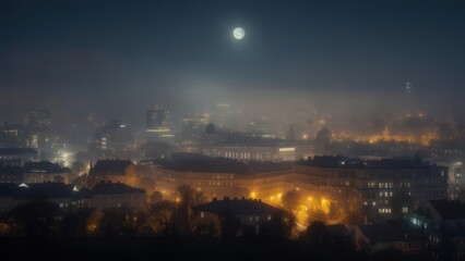 Fototapeta premium Ethereal Moonlit Cityscape Through Dense Fog and Warm Lights