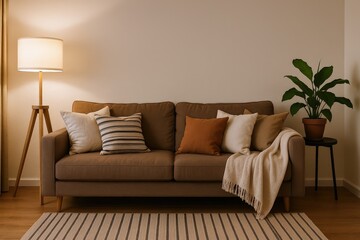 Cozy Living Room Scene Featuring a Brown Sofa with Cushions, a Floor Lamp, and a Potted Plant, Evoking Warmth and Comfort
